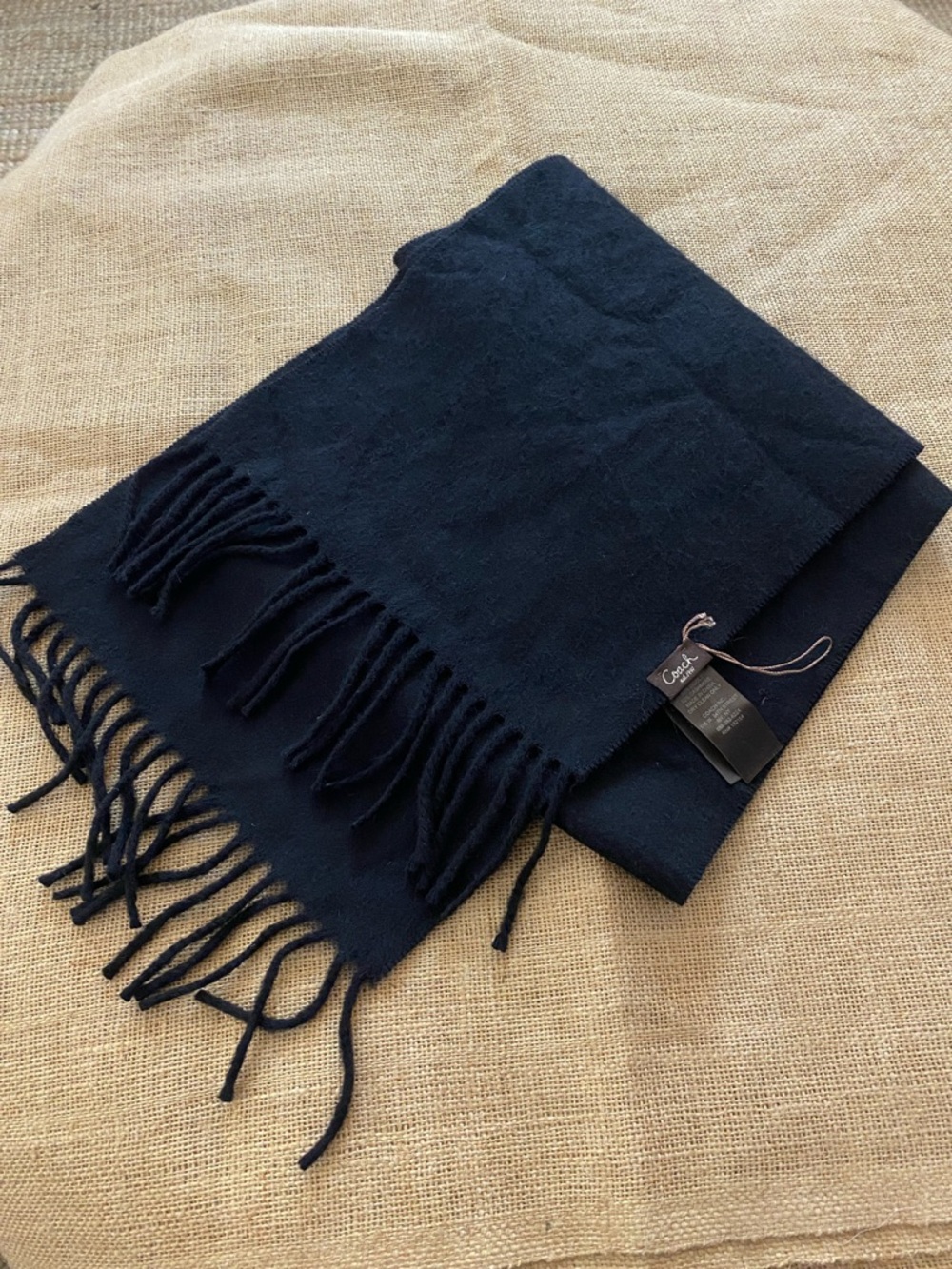 Coach Black Wool Cashmere Scarf with Fringe 70” x 10”